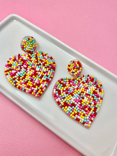 Rainbow Heart Beaded Earrings, Valentines Day Gift Idea For Her, Statement Earrings