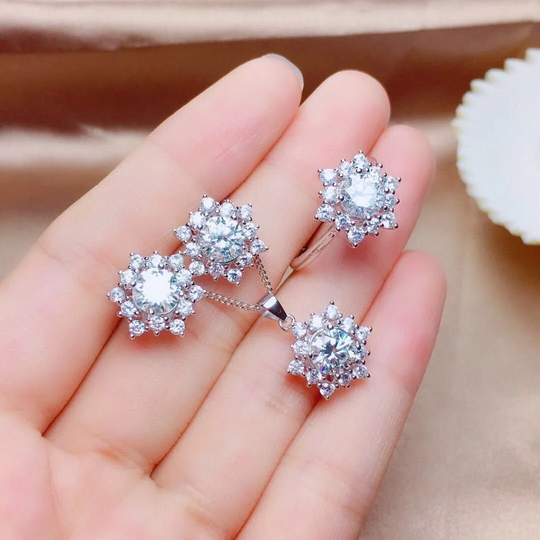 Elegant Dainty Brilliant Moissanite Set Ring Necklace Earring 1 Ct D Color, Sterling Silver & 18K White Gold Plated Best Gift For Her