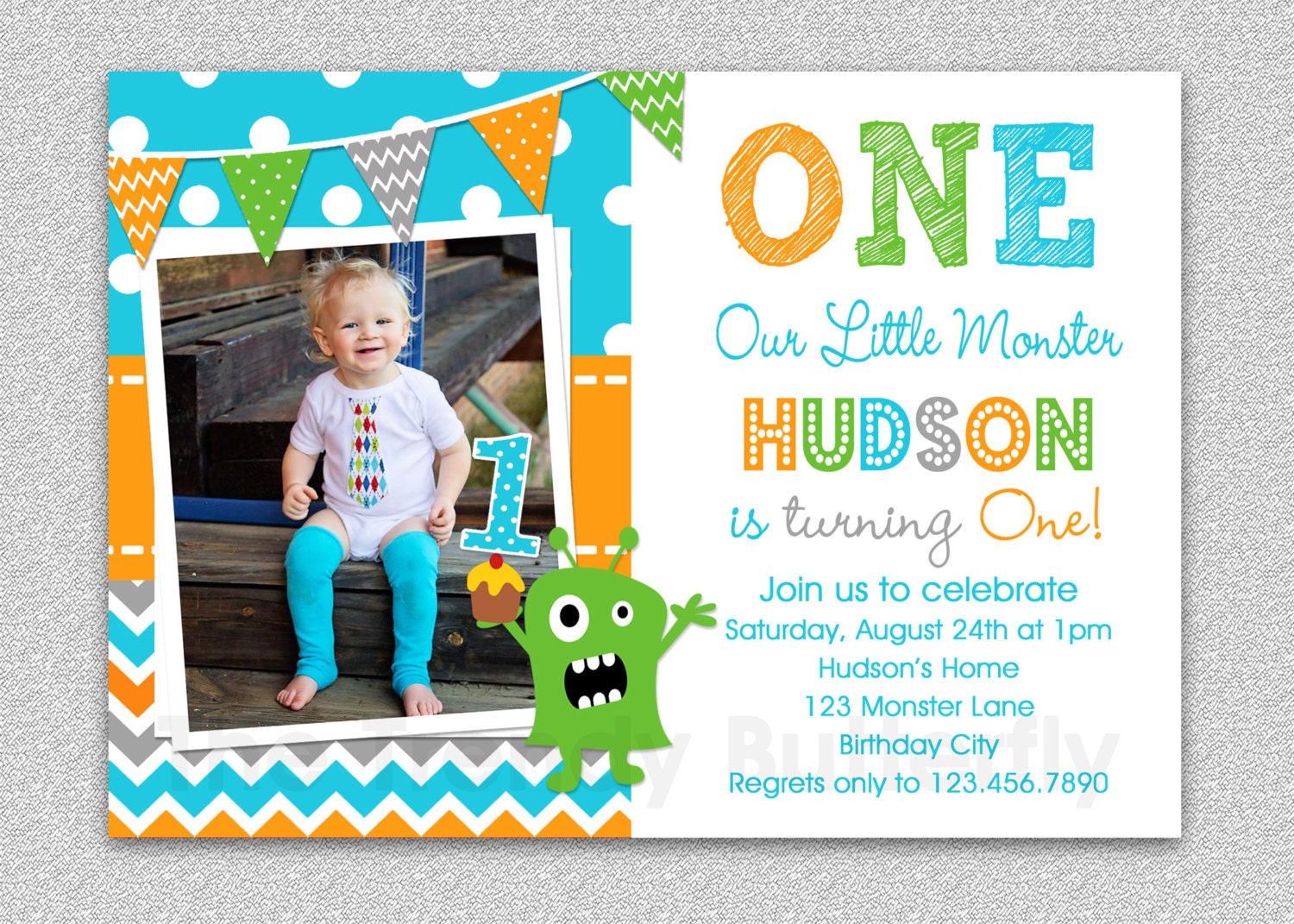 Boys 1st Birthday Invitation , Monster