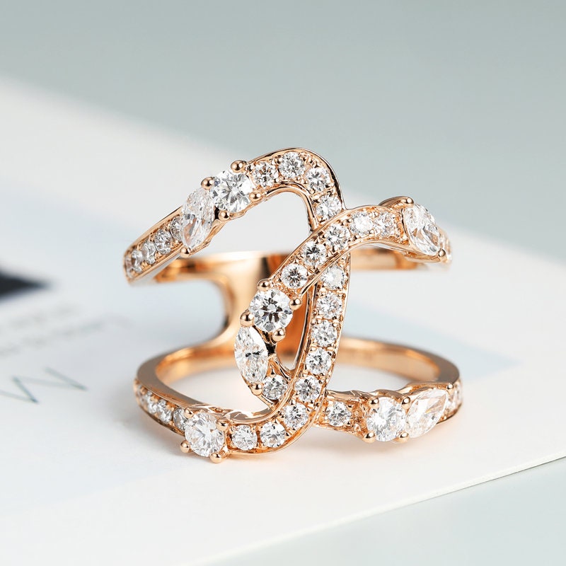 1.10Ctw Diamond Asymmetry X Cross Statement Ring in Solid 18K Gold/Custom Jewelry/Personalization Design/Unique Gift For Women & Girls