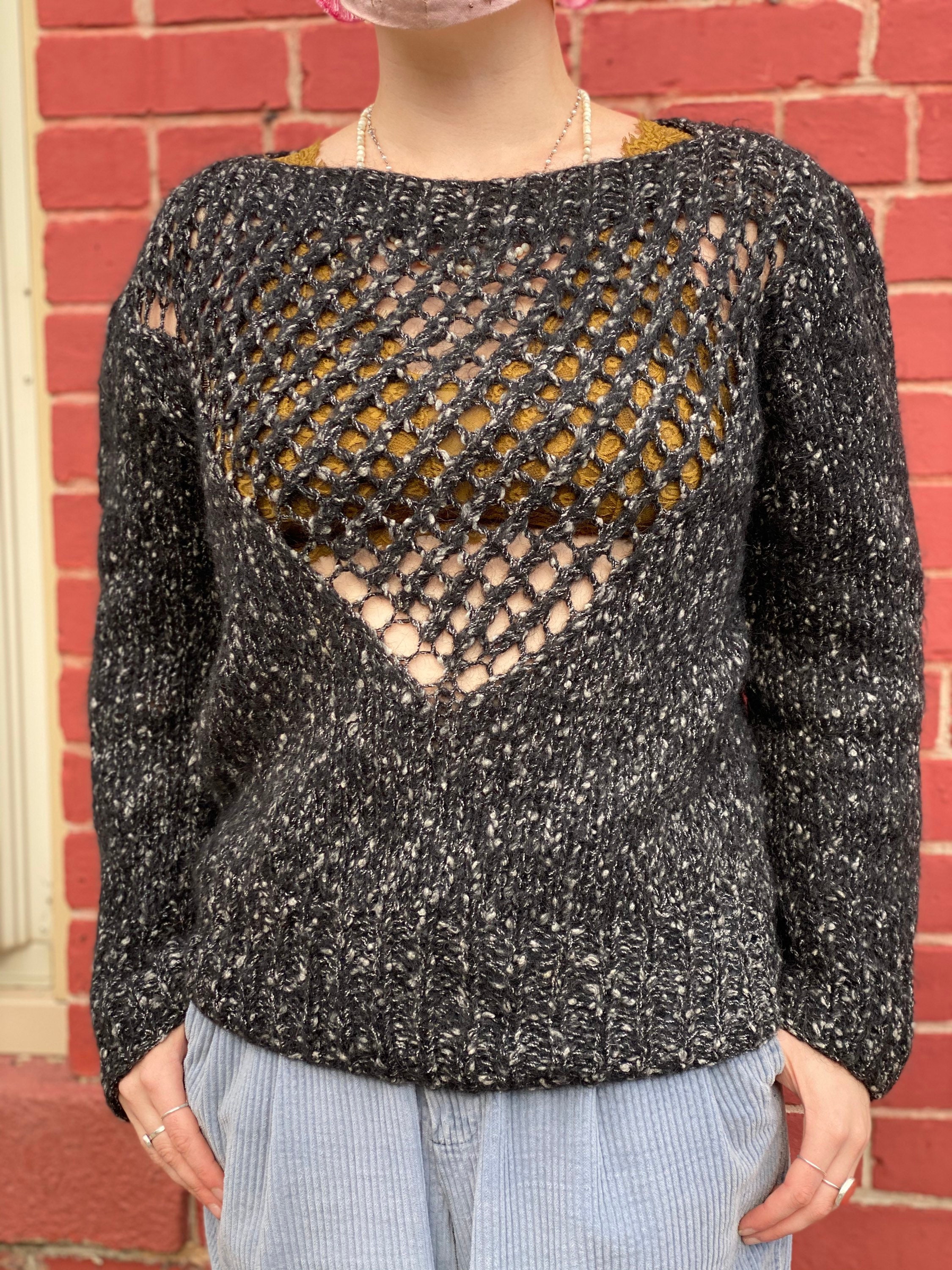 Hand Knit 1980S Sweater-Mohair Blend-Black Open Knit-Puff Sleeve-Femme-Heather Jumper-Timeless-Classic-Sexy Wool-Pullover-Holiday Top