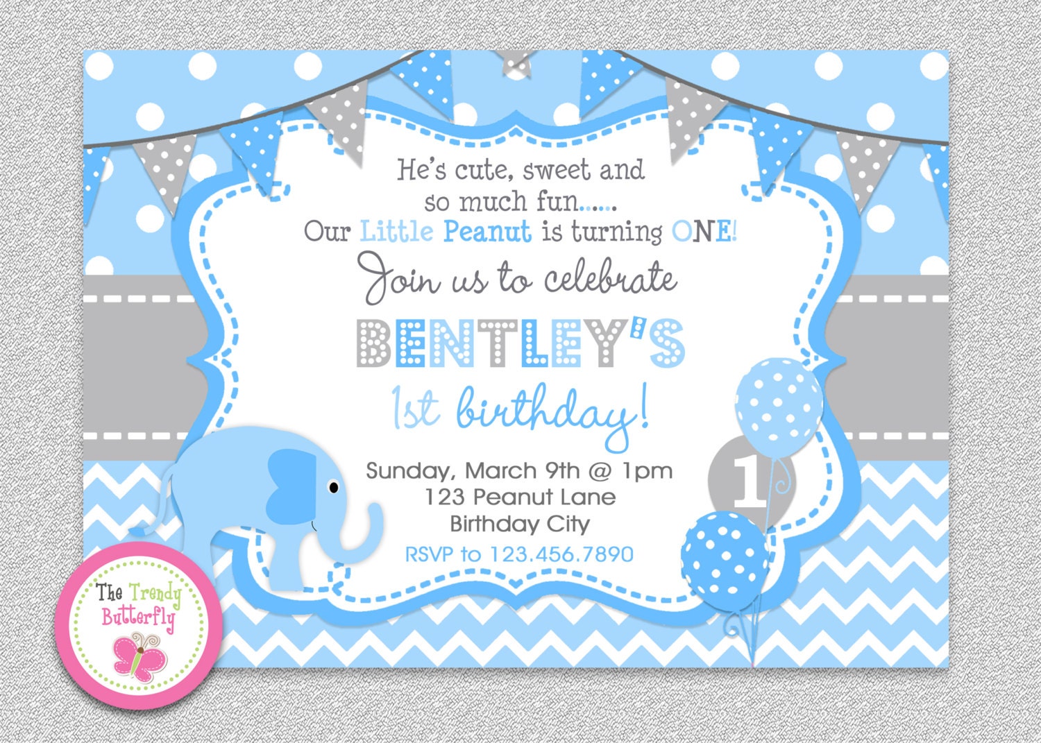 1st Birthday Elephant Invitation , Invitation, Party, Blue Childrens Invitations