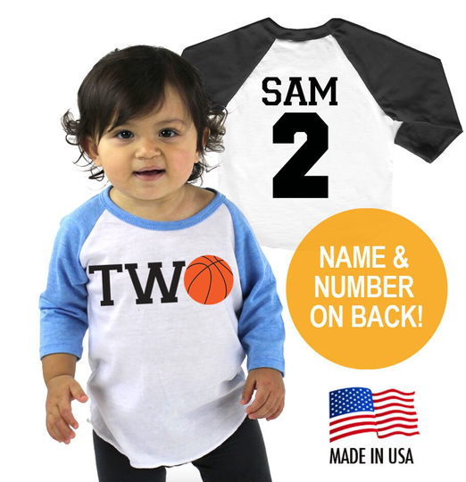 Basketball 2nd Birthday Twins Tri-Blend Raglan Baseball Shirt - Personalized Name & Number On Back Infant, Toddler Sizes