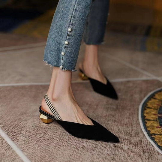 Black Low Heeled Sandals, Genuine Leather Mule Shoes, Women Pointed Toe Pumps, French Summer High Heels, Vintage Mules, Bridal Wedding Shoes