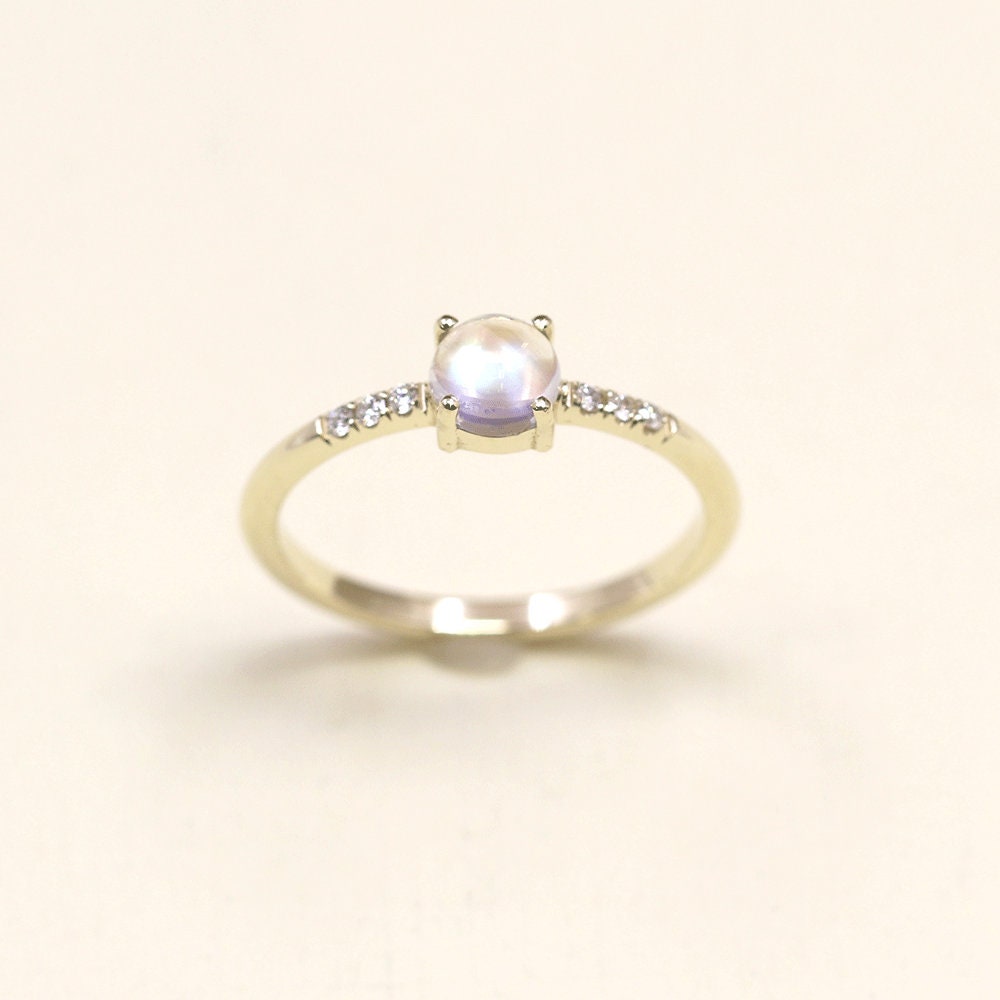 Moonstone Engagement Ring, Dainty Diamond Simple Wedding Band For Women