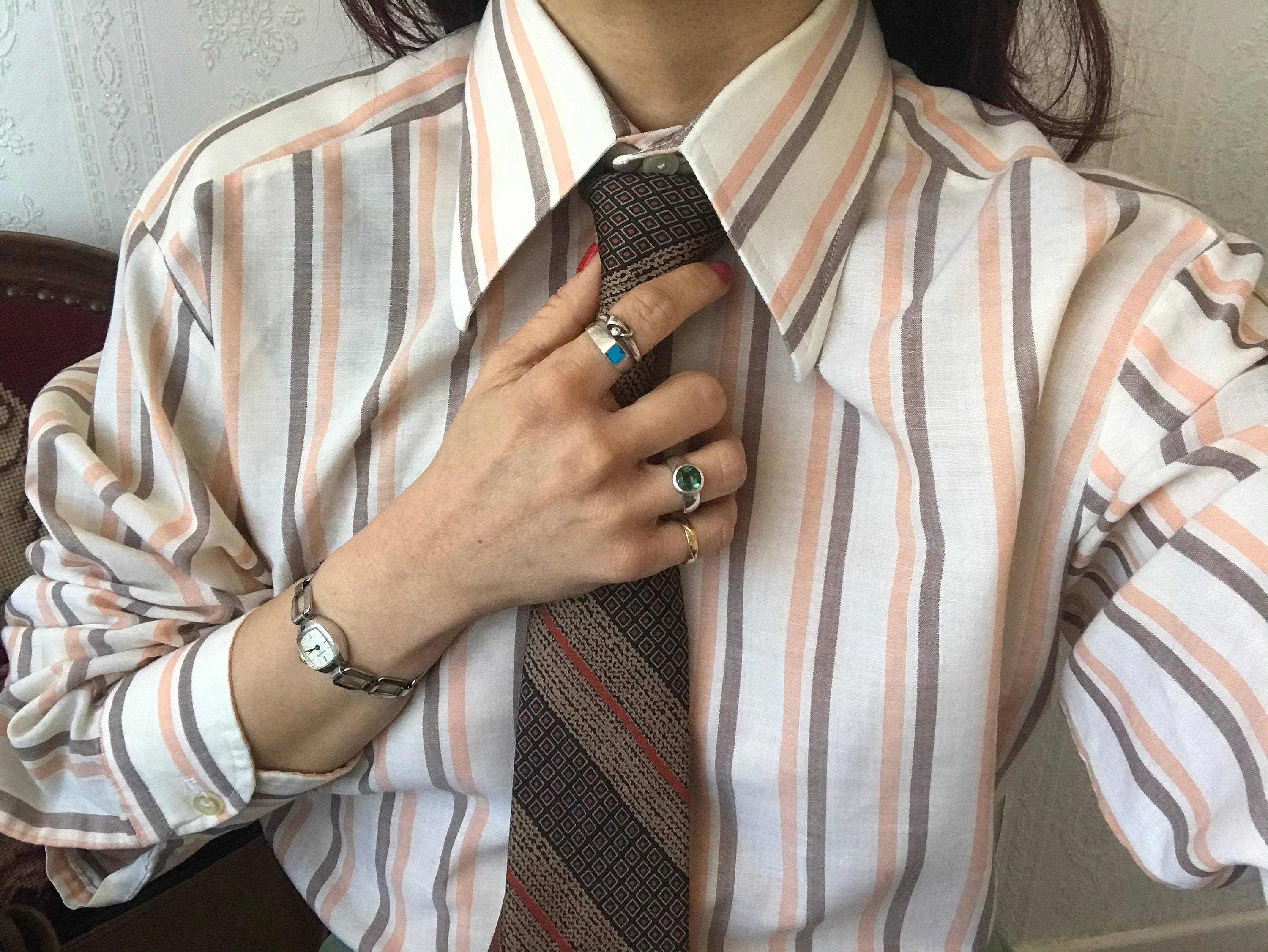 Vintage Unisex Washed Cotton Blend Striped Long Sleeves Shirt/ Blouse/ Top/ Tall S - M