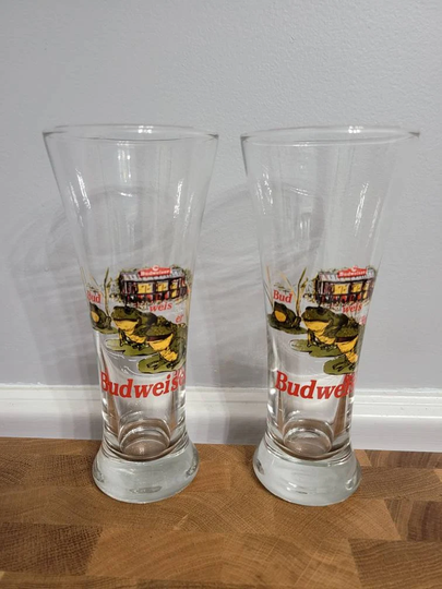 Set Of 2 Vintage 1996 Budweiser Frog Pilsner Beer Glass By Libbey Bud Weis Er Breweriana Retro Advertising