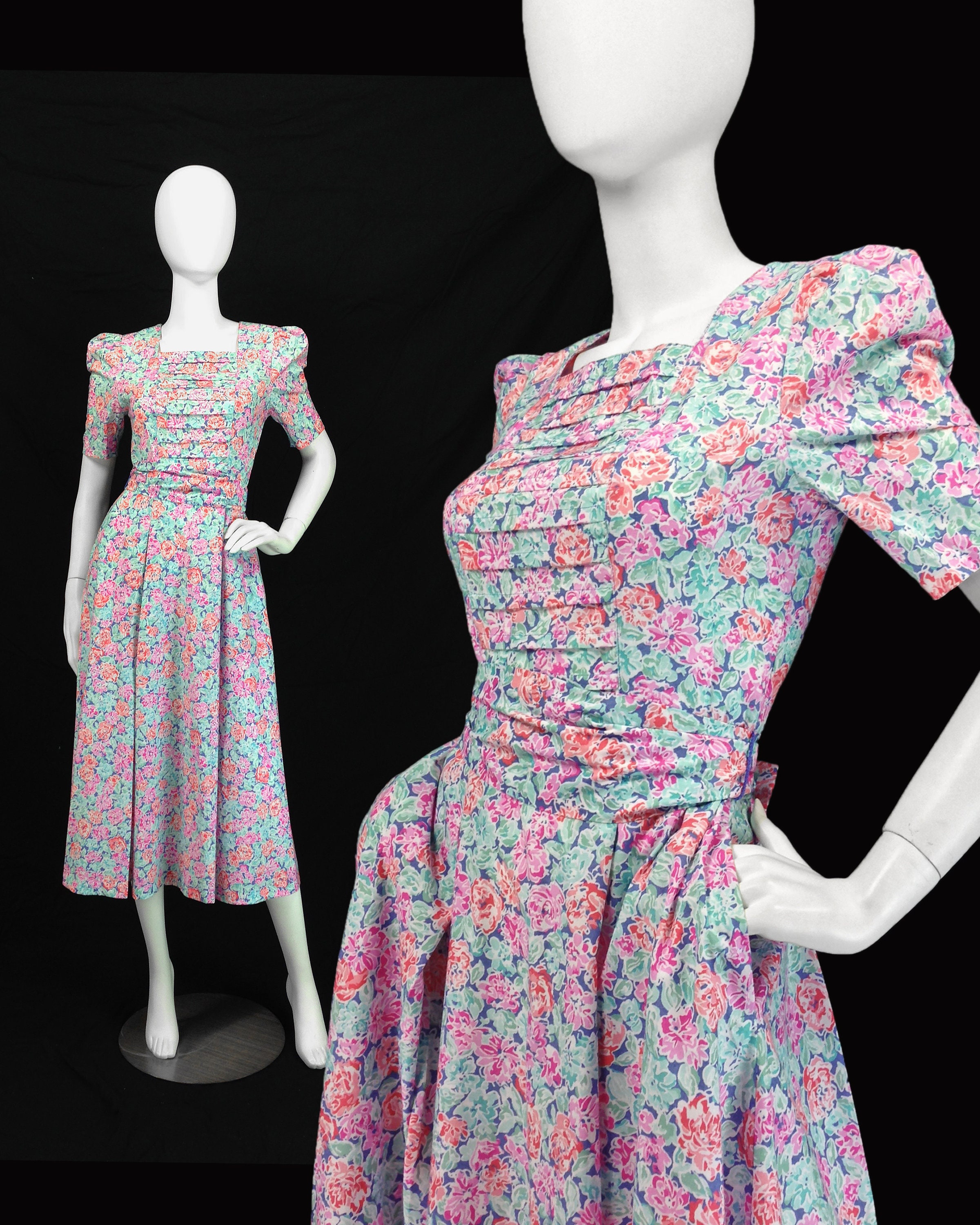 Vintage 80S Laura Ashley Floral Print Dress, Puff Shoulders, Dress With Pockets, Secretary Cotton Tea Length, Small Size 4 6
