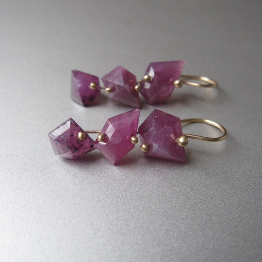 Faceted Ruby Nugget Triple Drops, Solid 14K Gold Earrings