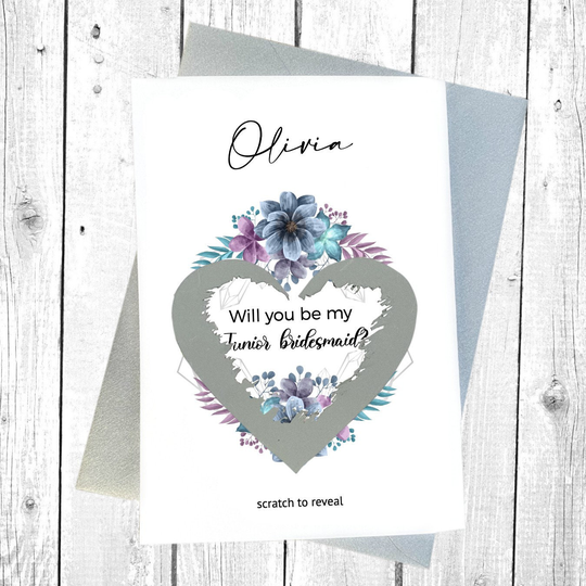 Custom Junior Bridesmaid Scratch Off Card, Will You Be My Jr. Proposal Blue Floral Invite