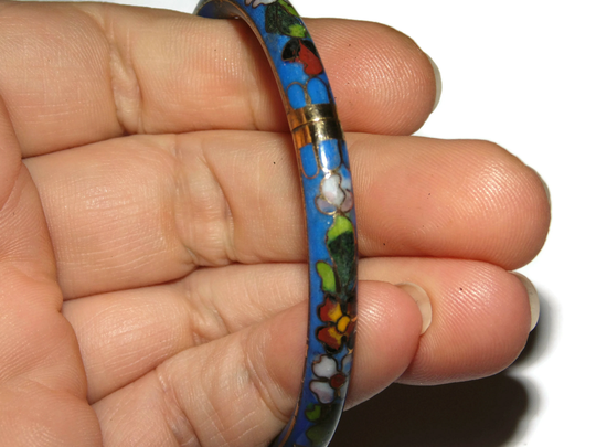Vintage Estate Boho Round Metal Hard Ornate Blue Base Floral Flowers Cloisonne Bangle 7.5" Bracelet Jewelry Jewellery Birthday Gift For Her