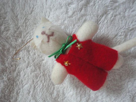 Vintage Hand Sewn White Kitty Christmas Ornament, Kitty, Outfitted Critter, Cute Little Ornament