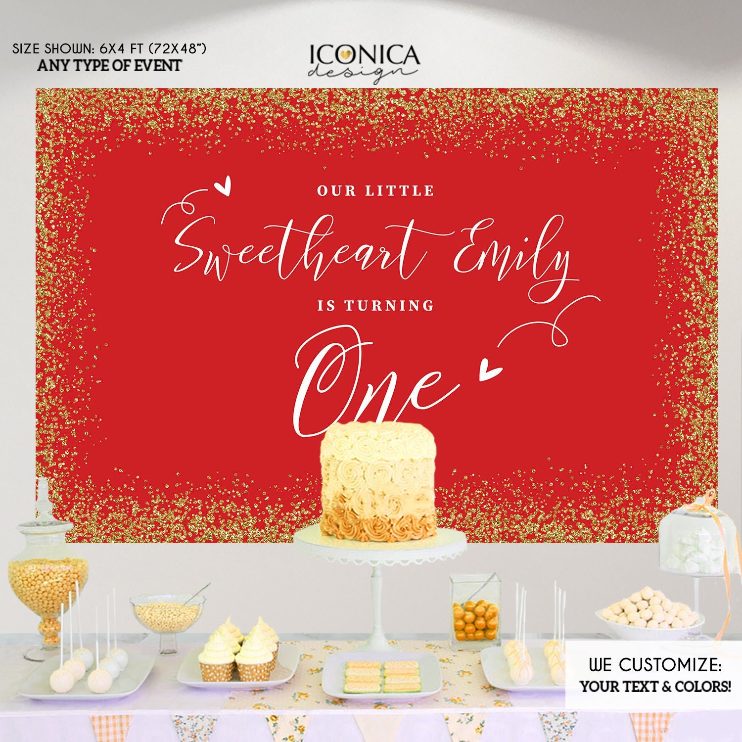 Our Little Sweetheart First Birthday Backdrop, San Valentines Party Photo Booth Backdrop, Red Gold Backdrop, Printed I Printable File Bvl0006