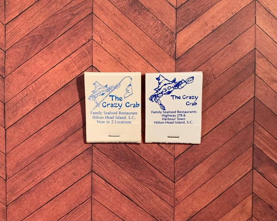 Vintage Matchbooks, The Crazy Crab, Restaurant, Hilton Head, South Carolina, Lot Of 2, with All Match Sticks, Free Ship in Usa