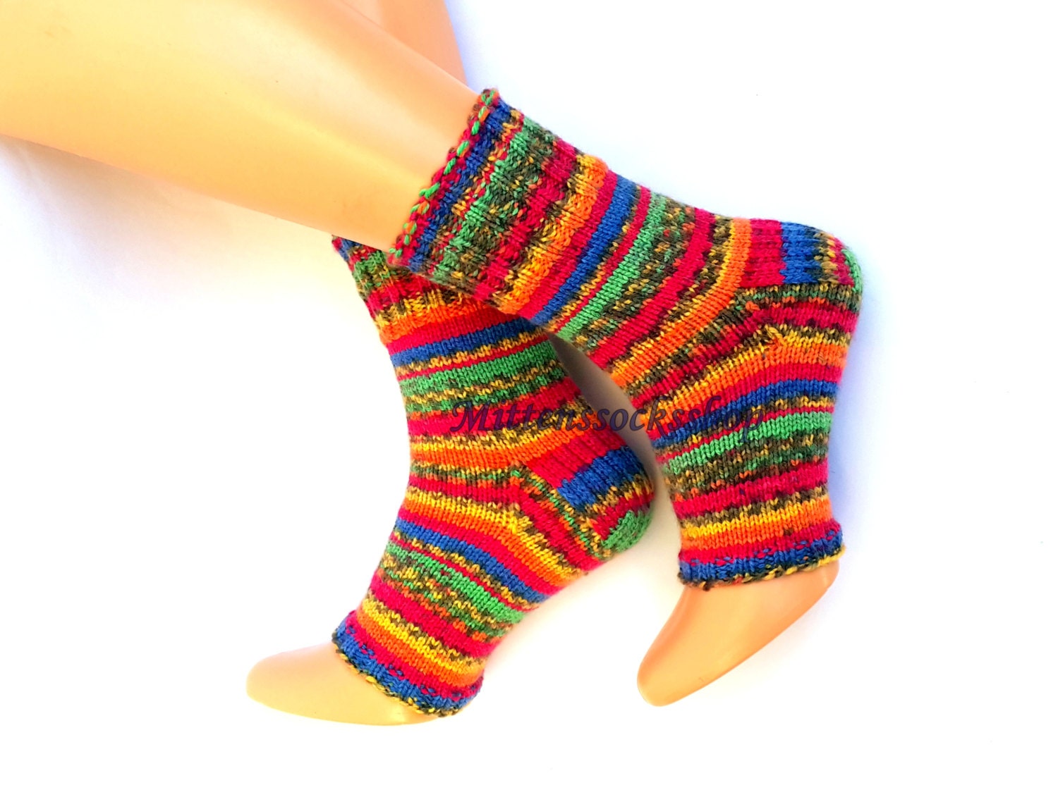 Hand Knit Rainbow Yoga Socks With Heel Women's Girl's Summer Dance Pilates Pedicure Feet Warmers