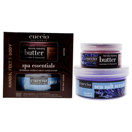 Cuccio Naturale Spa Essentials Kit - Lavender and Chamomile 19.5oz Sea Salt Scrub, 8oz Butter Blend 2 Pc