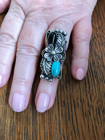 sterling Silver Turquoise & Onyx Ring, Size 7 1/2