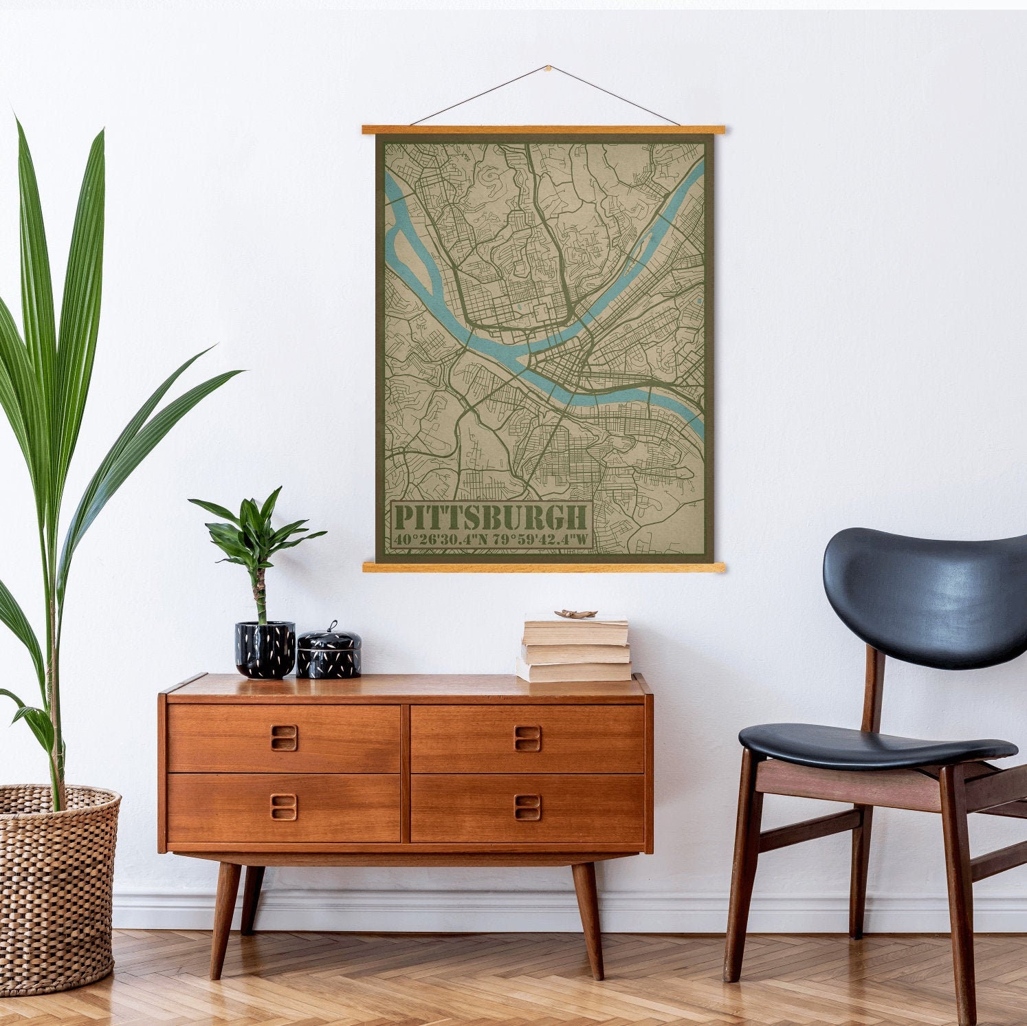 Pittsburgh Pennsylvania Vintage Street Map | Hanging Canvas Of Printed Marketplace