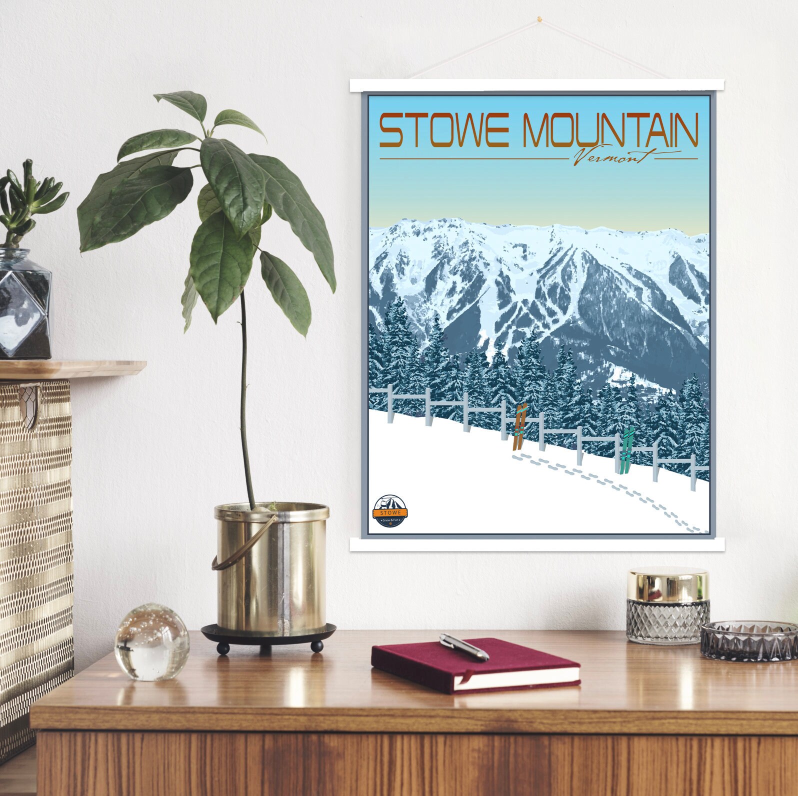 stowe Mountain Vermont Modern Illustration Print | Hanging Canvas Of Ski Resort Printed Marketplace