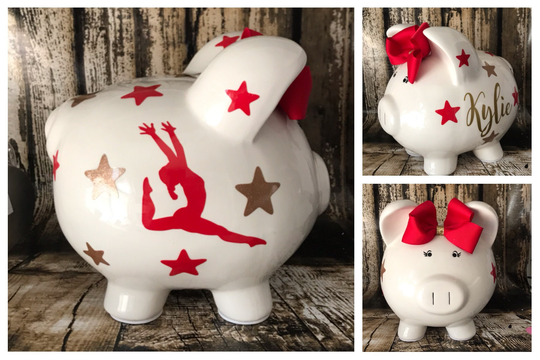Large Personalized Gymnast Piggy Bank, Gymnastics Sports Girly Piggy, Birthday Gift, Bank For Girls, Baby Shower Gift, Nursery Gift