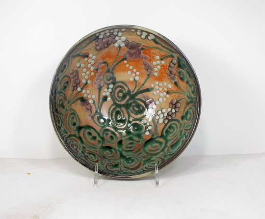 Ceramic Serving Bowl in Shino With Light Blue & Red Flowers