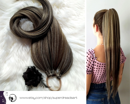 Brown Blonde Ponytail Extensions, Blended Hair On Elastic Band, Synthetic Extension Hairband, Wig, Falls, Nutty Lady