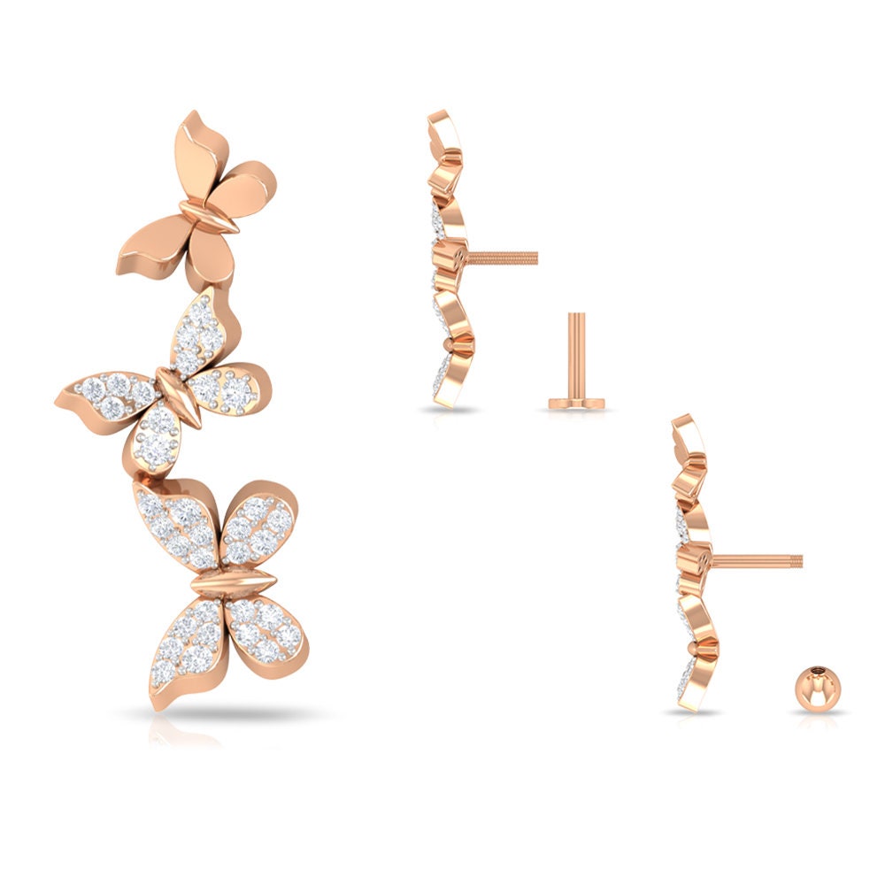 Butterfly Climber Earrings, 1/4 Ct Diamond Ear Cuff, Crawler Earrings