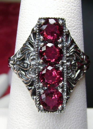 Red Ruby Ring/ Solid Sterling Silver/ Simulated 4-Gem Victorian Swirl Filigree [Made To Order] Design#72