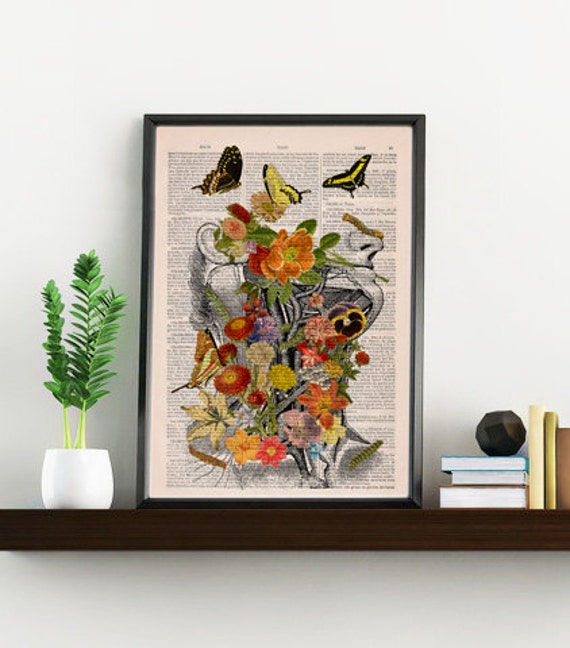 Wall Art Print Art Print Flowery Head Collage Printed On Vintage Dictionary Book Page. Decor Art, Anatomy Decor, Flower Ska087