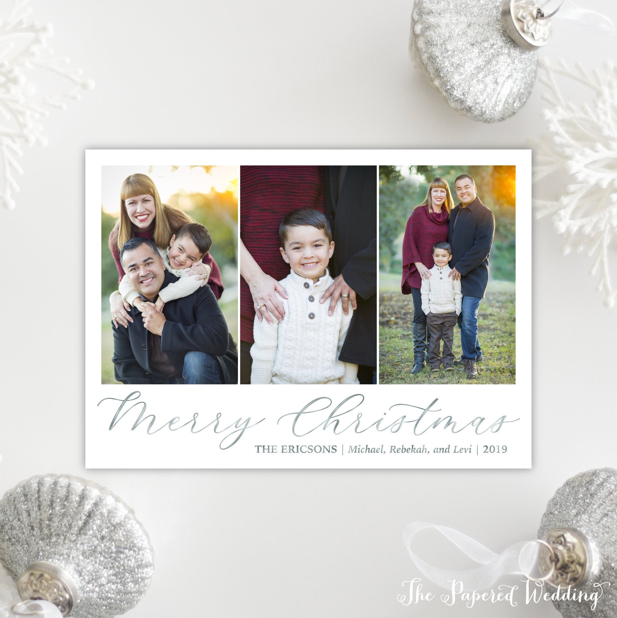 Printable Or Printed Silver Merry Christmas Cards With Three Pictures - Faux Foil Photo Collage Card, Holiday 080 P3