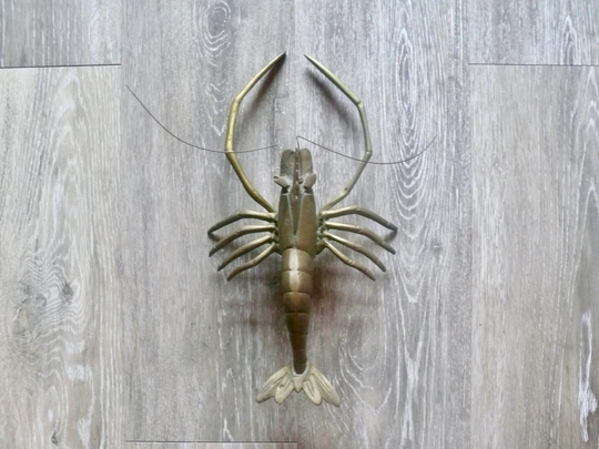 Large Brass Prawn Wall Hanging, Vintage 12" Crawfish Lobster Paperweight Figurine, Boho Crustacean Seafood Accent, Beach Ocean Life Decor
