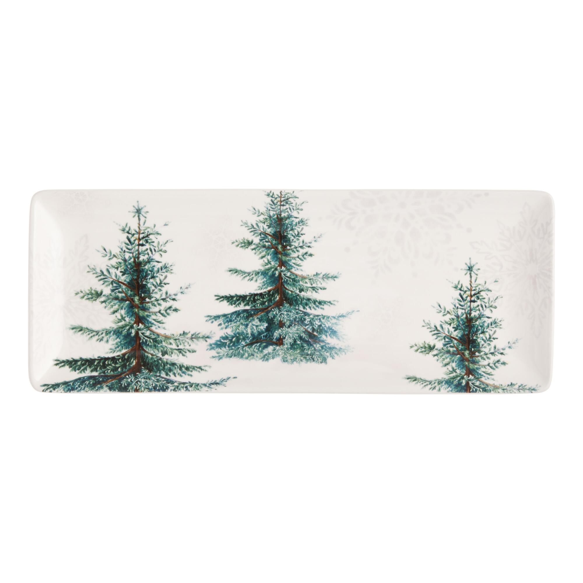 Pier Place Rectangular Snowy Spruce Serving Platter: Green/White/Silver - Earthenware by World Market