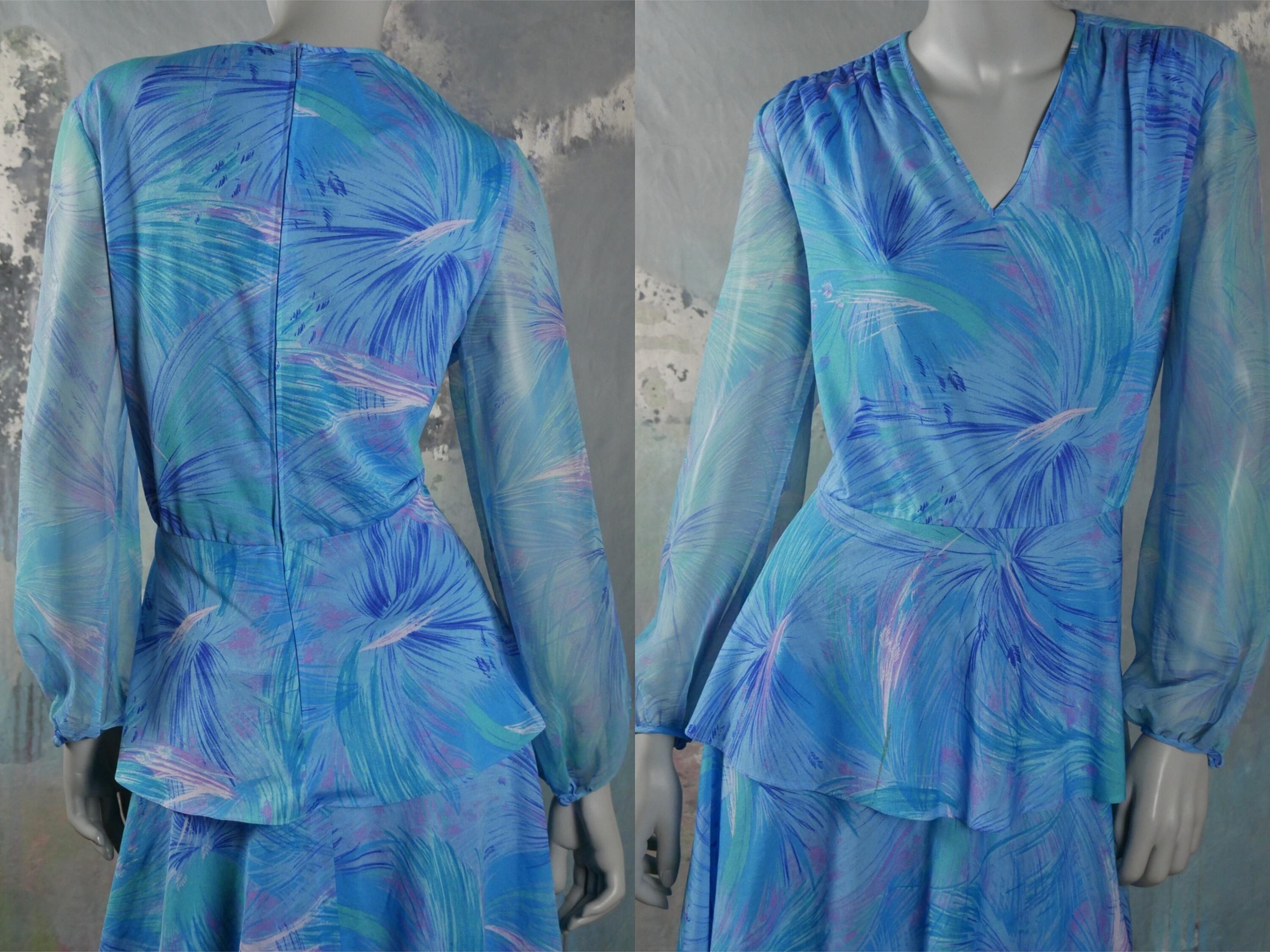 Vintage Floral Dress, Early 1980S Turquoise Dress W Abstract Pattern in Blue Lilac & White, Made West Germany Size 10 Us, 14 Uk