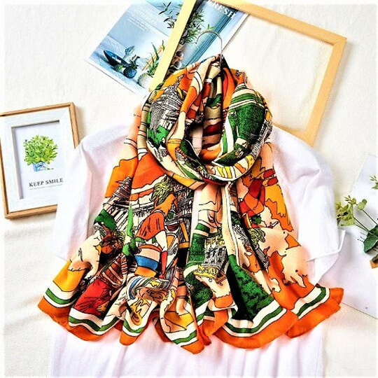 Soft Orange Scene - Polyester Blend Large Scarf Extra Long Wrap Shawl Elegant