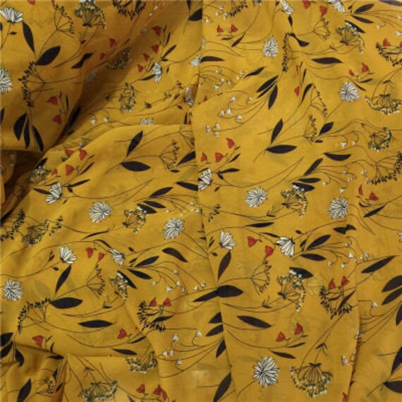 Three Colors Yellow Blue Green Black Leaf White Flower Chiffon Fabric By Yard
