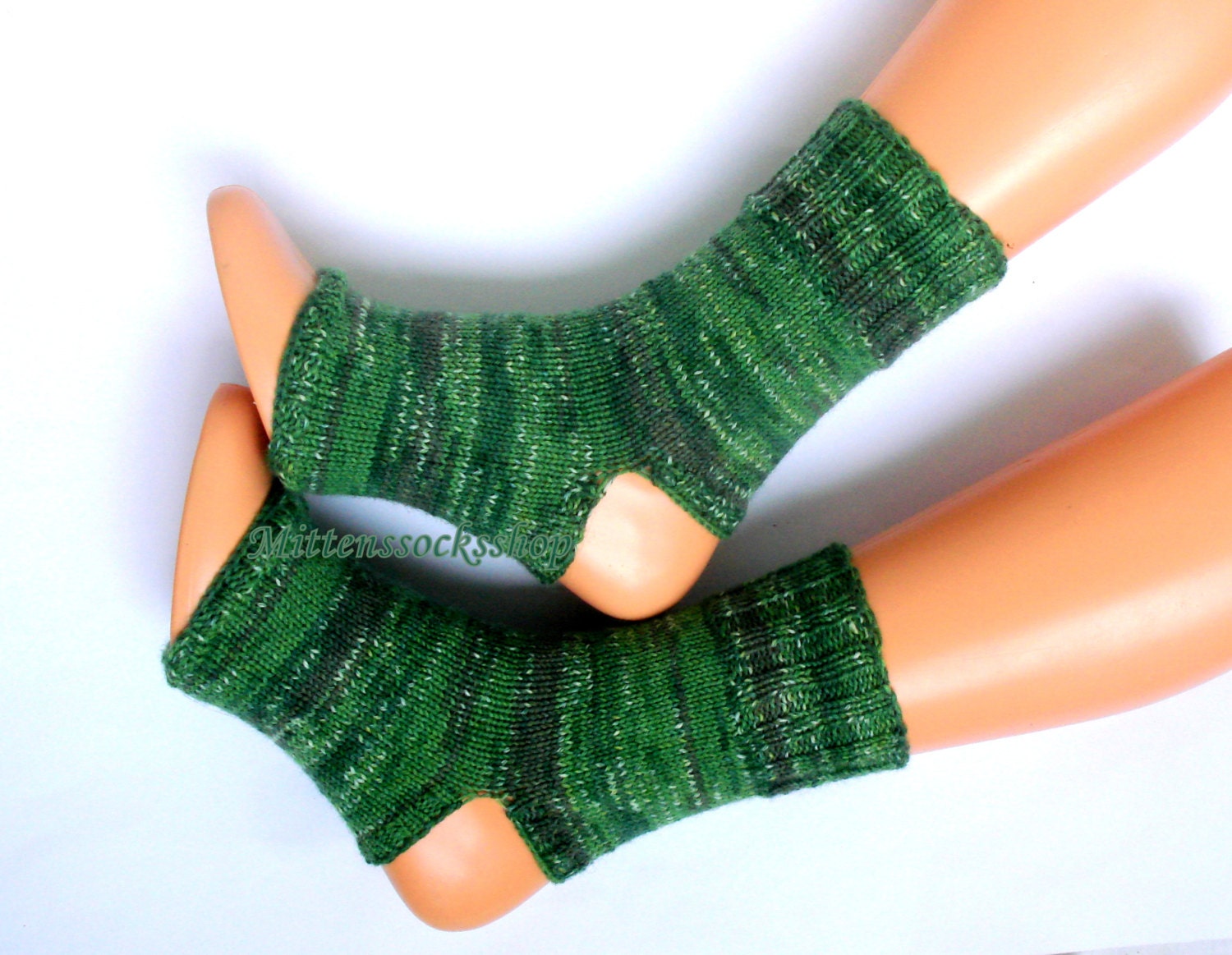 Hand Knitted Green Gray Yoga Socks Women's Girl's Dance Pilates Pedicure Leg Warmers Feet
