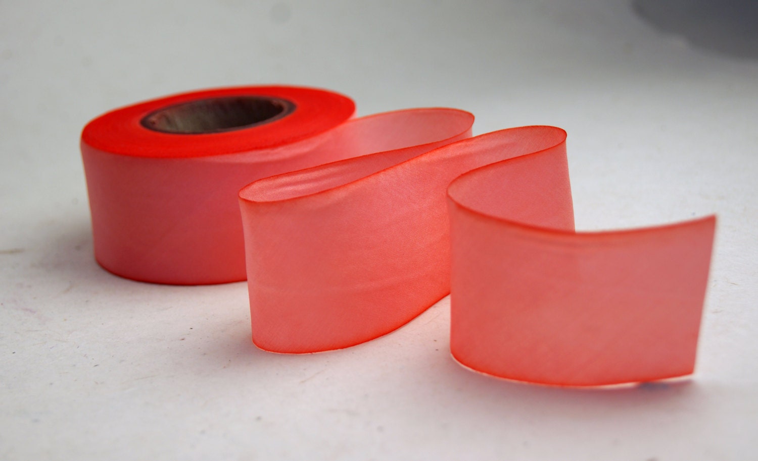 Hand Dyed Silk Ribbon 1.5 Blend 027 - 3 Yard Bias Cut Length Peach Orange Coral
