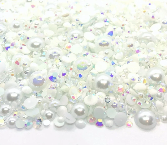 Ice White Blend Rhinestone Mix 2mm-10mm Flatback Jelly Resin | Faux Pearls Rhinestones Mix, Clear Pearl