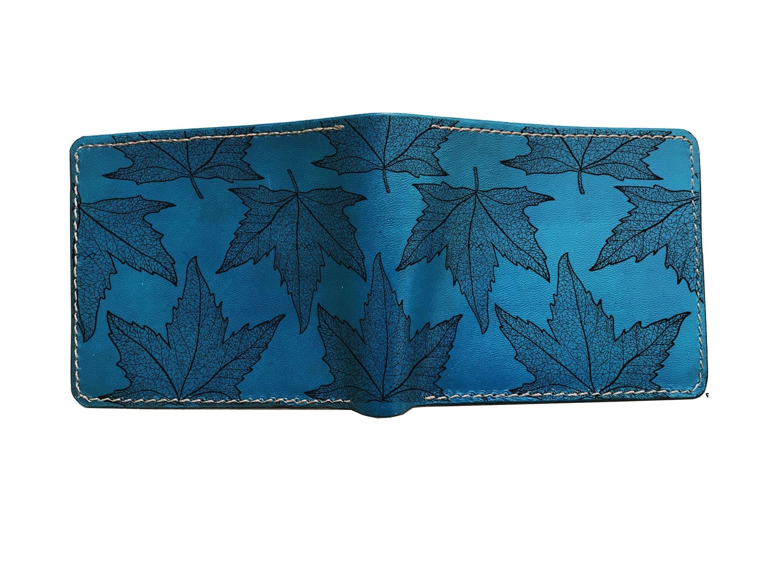 Leather Handmade Men's Wallet, Maple Leaf Sketch Pattern Engraving, Customized Present For Dad, Husband, Boyfriend