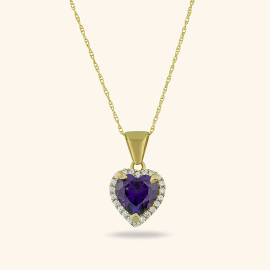 Heart Shape Amethyst Pendant Necklace Gemstone Real 14K Yellow Gold