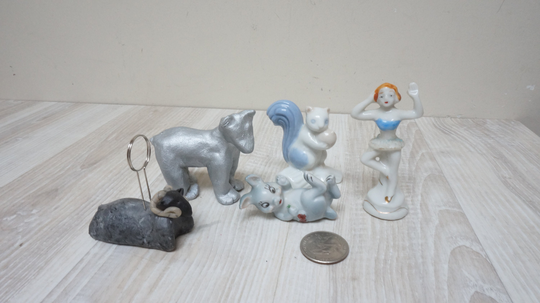 5 Mini Statuette, Bunny Rabbit Squirrel Ram Sheep Ballerina Polar Bear Figurine Set Of Porcelain Ceramic China Card Memo Holder Oldanimal