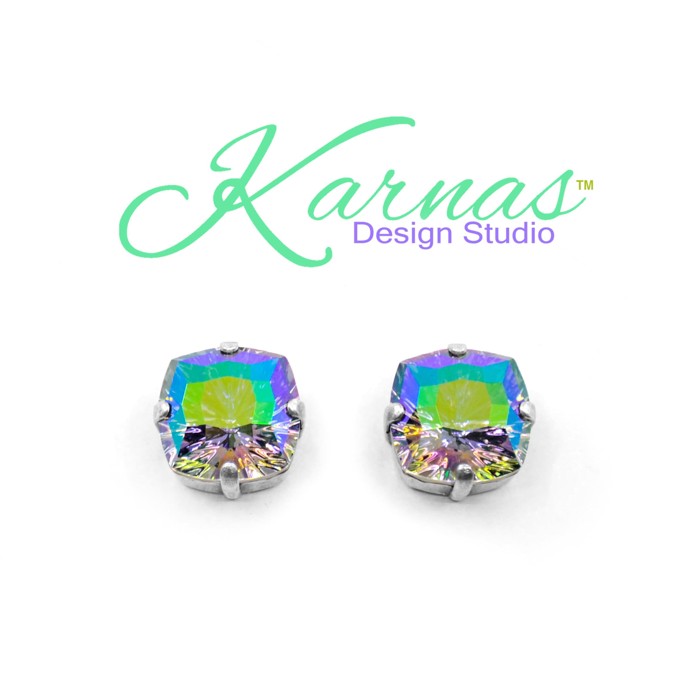 Mystic Harlequin Orchid 14mm Statement Earrings Genuine Crystal Discontinued Color Antique Silver Karnas Design Studio Free Shipping