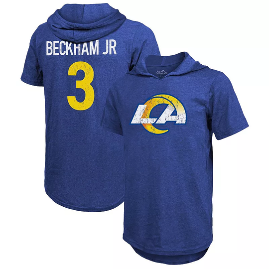 Men's Majestic Threads Odell Beckham Jr. Royal Los Angeles Rams Player Name & Number Tri-Blend Hoodie T-Shirt, Size: XL, Blue