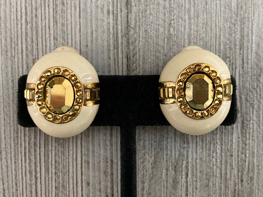 St. John Gorgeous Vintage 1990's Gold & Beige Enamel Modernclassic Statement Clip Earrings