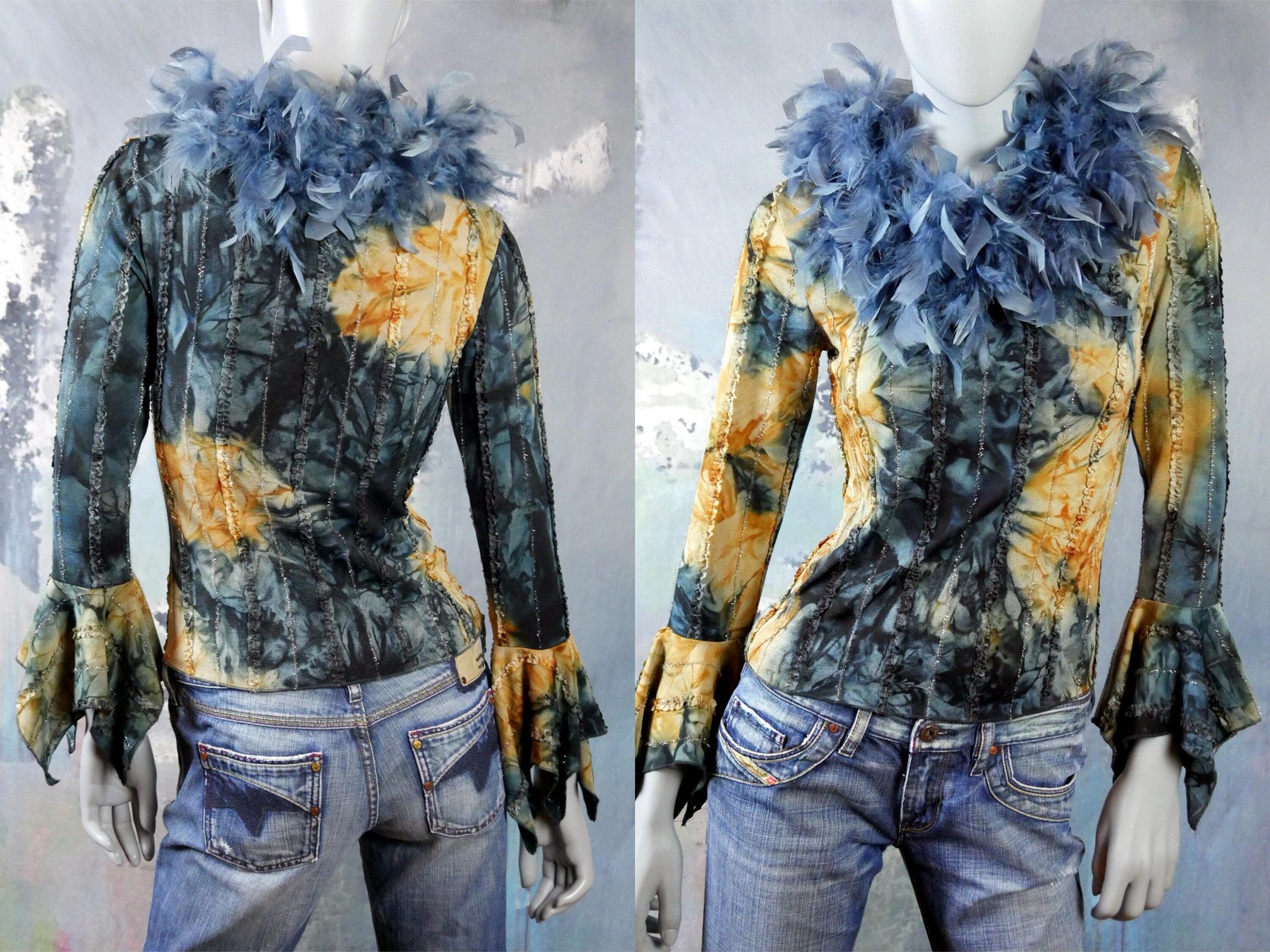 Feather Top, European Vintage Blue & Gold Abstract Tie-Dye Pattern Blouse W Crystal Beading Size 4/6 Us, 8/10 Uk