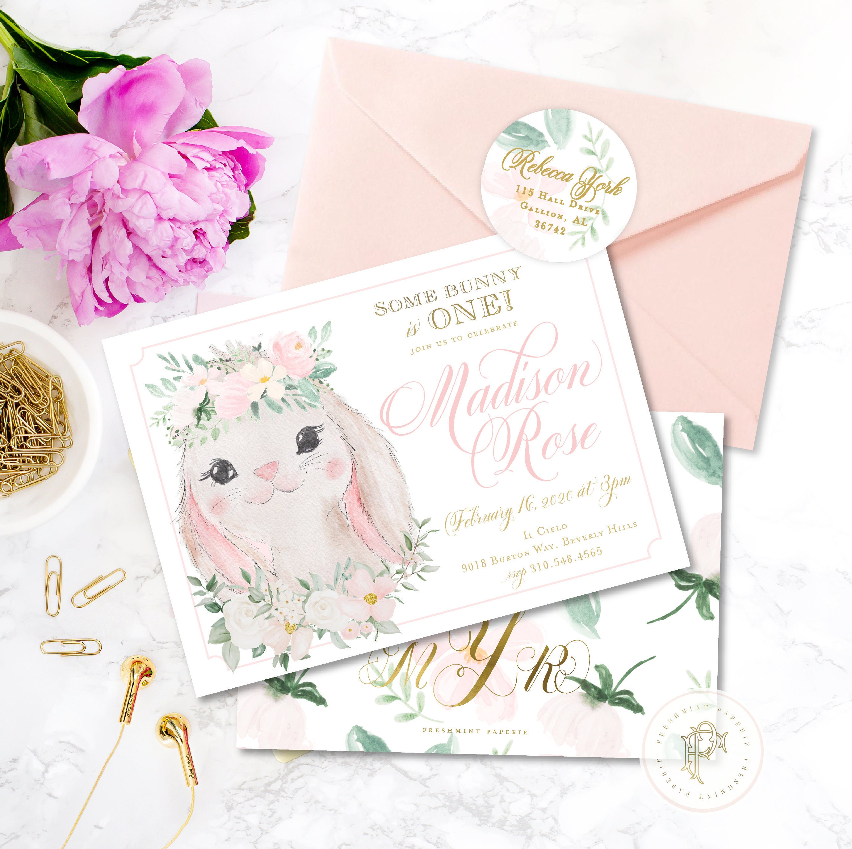 Bunny Invitation, Birthday Invitation, Easter Invite, Some Bunny Is One, Floral Monogram