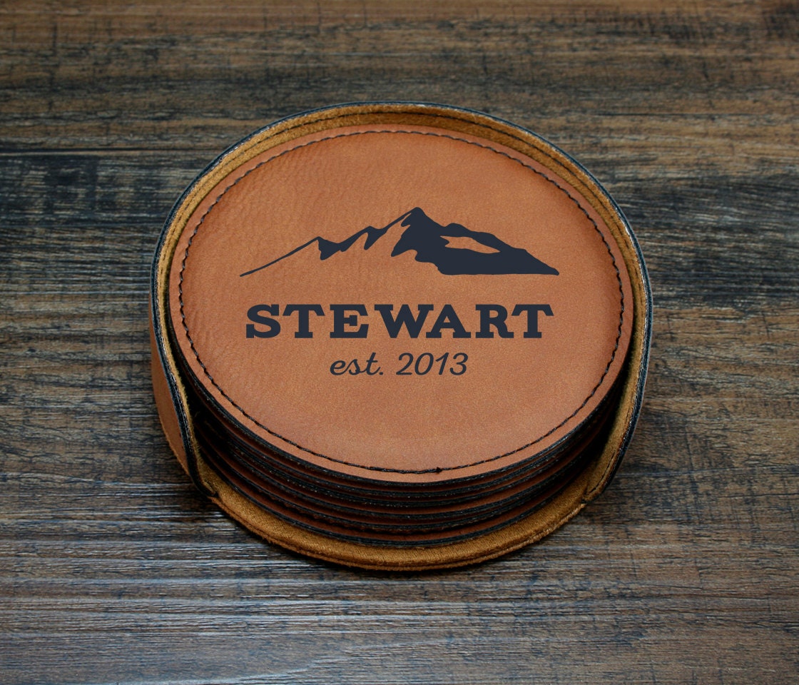 Personalized Leather Coaster Set, Customized Coasters, Mountain Decor, Engraved Custom Wedding Gift