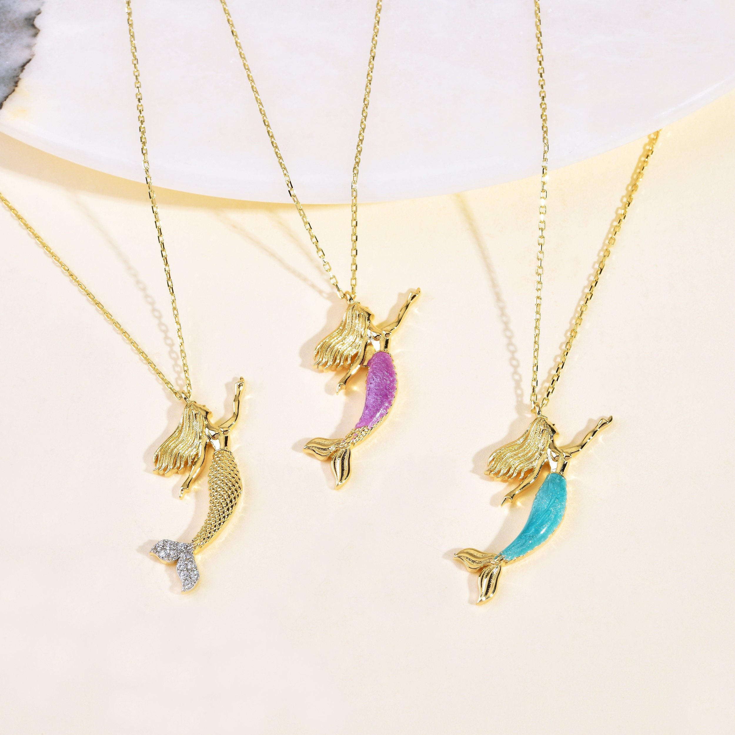 Mermaid Necklace, 14K Solid Gold Enamel Pendant, Siren Sea Lover Jewelry, Gift For Her, Birthday Gift