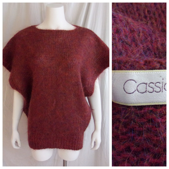 Vintage 1980S Sweater Mohair Blend Oversized Pullover Cap Sleeves Dark & Purple Large
