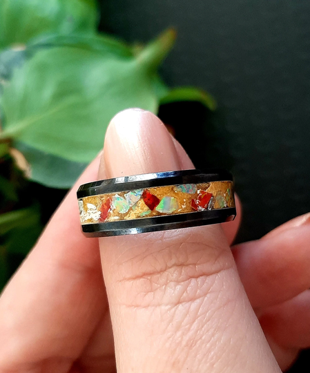 Sunset Opal Inlay Ring, Opal Ring, Inlay Mens Womens Witchy Glow in The Dark Wedding Handmade